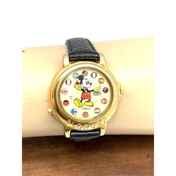 Lorus Disney Women\'s Watch Mickey Mouse Musical Quartz Black Leather Band 34mm